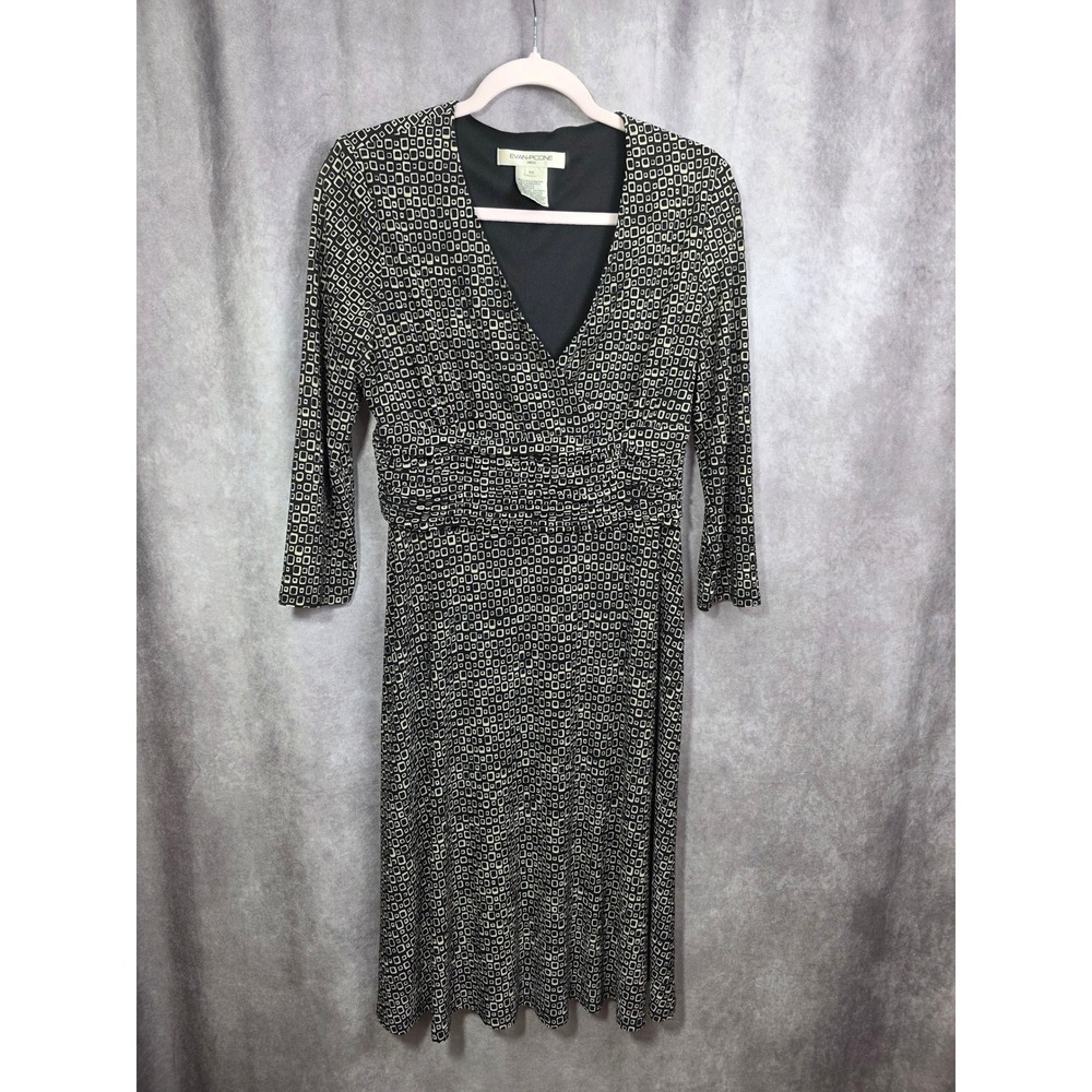 Evan-Picone Dress Black White Geometric Square Print Faux Wrap V-Neck Size 10